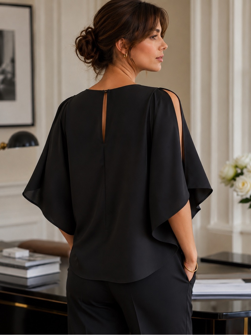 BOSS Hugo Boss Black Split Sleeve Blouse Size US 4 - Picture 3 of 11